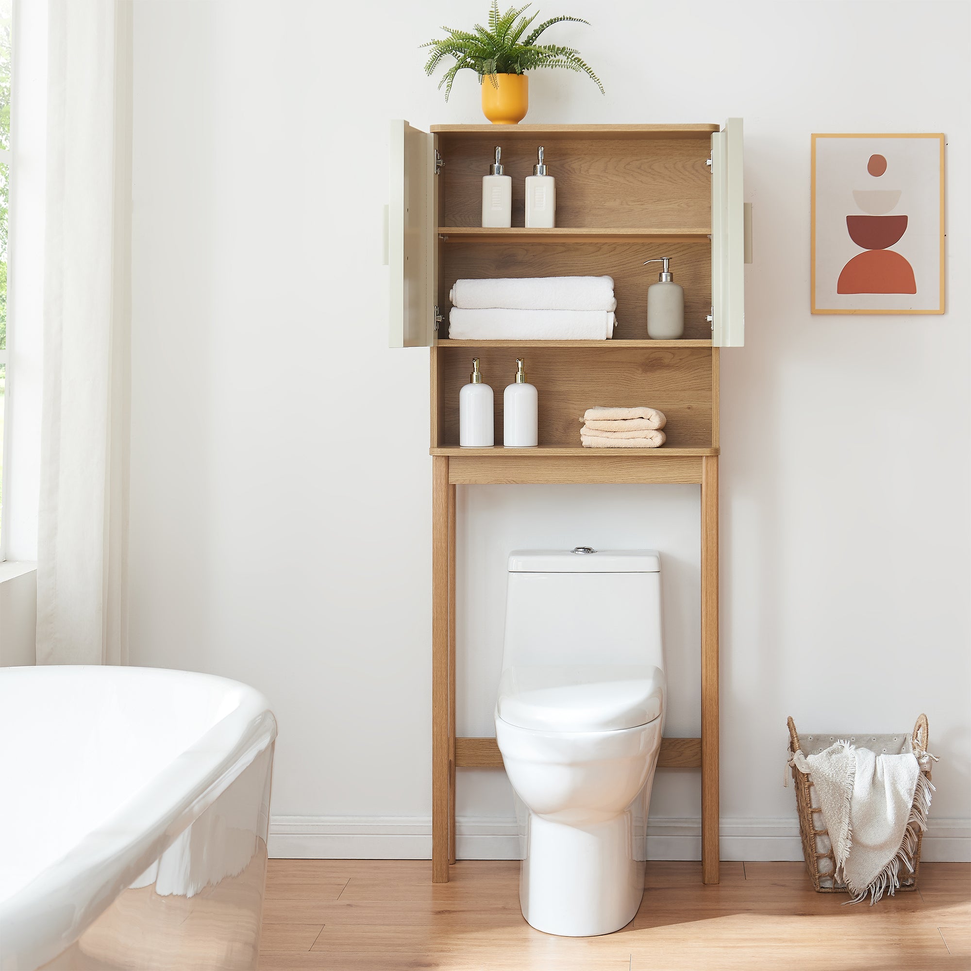 Armadietto sopra Gabinetto Ferrersp Sovrastruttura WC160x63x20 cm Effetto Rovere / Legno di Pino / Color Avena [en.casa]