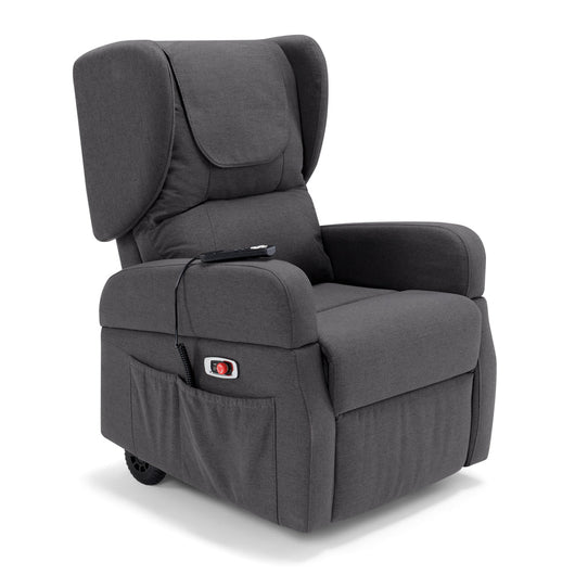 Poltrona Relax Elettrica Tokyo 4 Motori 2 + 2, per anziani e disabili, 4 ruote, sistema reclinazione e alzapersona, funzione guida, batteria con 172 minuti di autonomia, orecchie laterali, colore Grigio