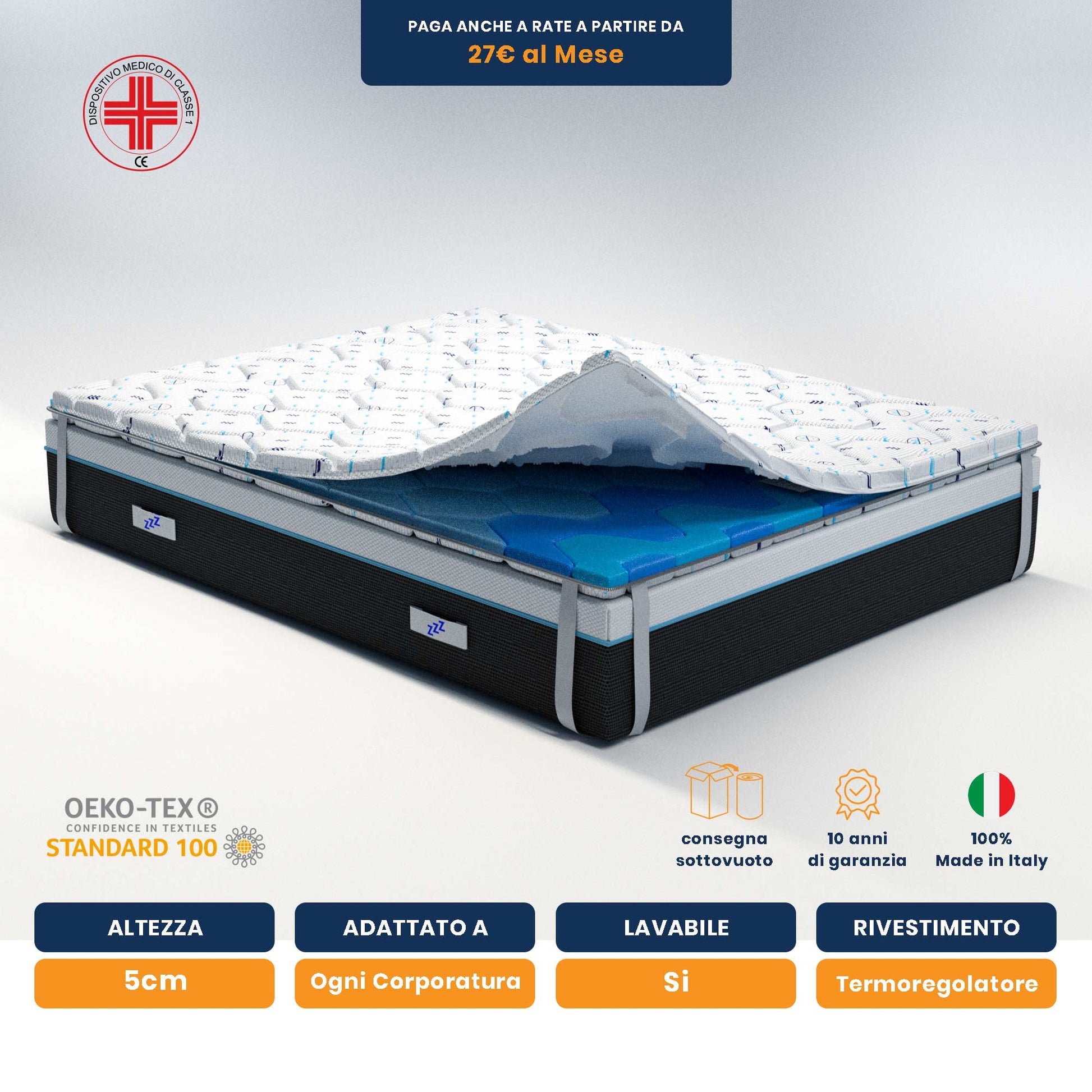 Topper matrimoniale super king size in memory TERMOREGOLATORE 200x200cm; Memory foam alto 5 cm; rinfrescante; antisudorazione; lavabile; detraibile