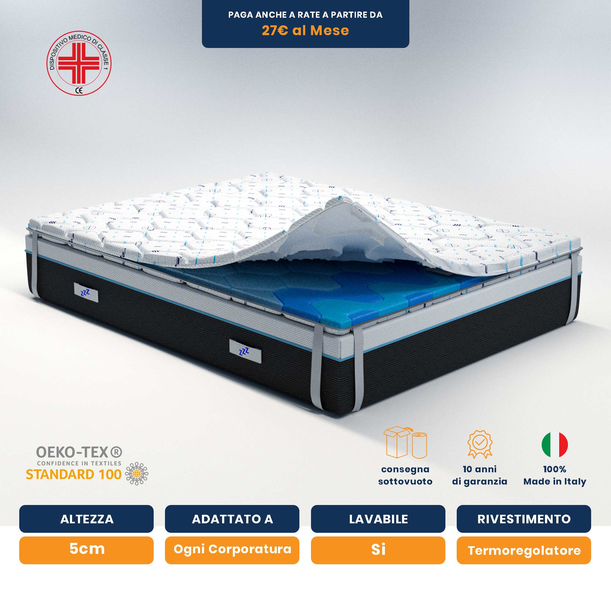 Topper singolo in memory TERMOREGOLATORE 90x190cm; Memory foam alto 5 cm; rinfrescante; antisudorazione; lavabile; detraibile