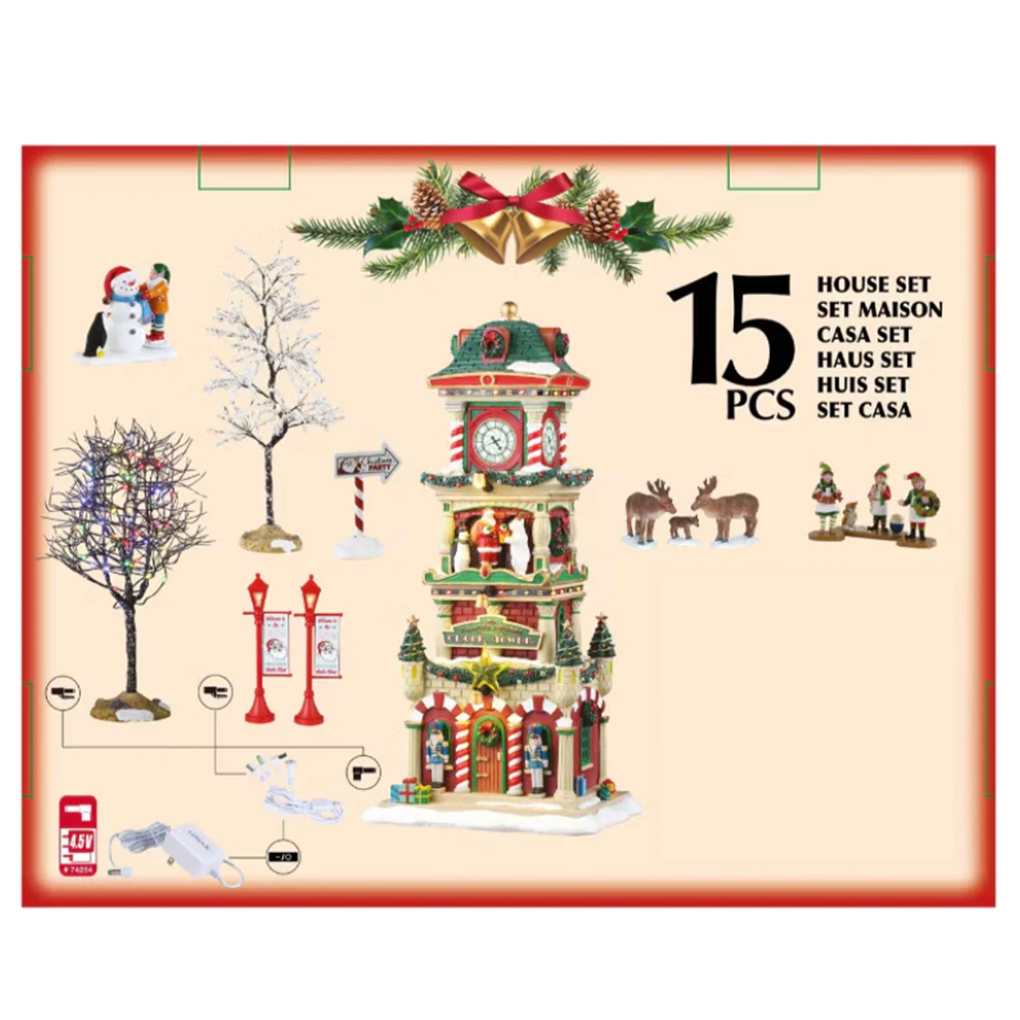 The Village Square Clock Tower Set - Torre con Orologio Villaggio Natalizio 15 pz con Personaggi e Alimentatore