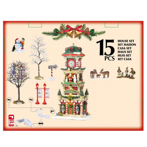The Village Square Clock Tower Set - Torre con Orologio Villaggio Natalizio 15 pz con Personaggi e Alimentatore