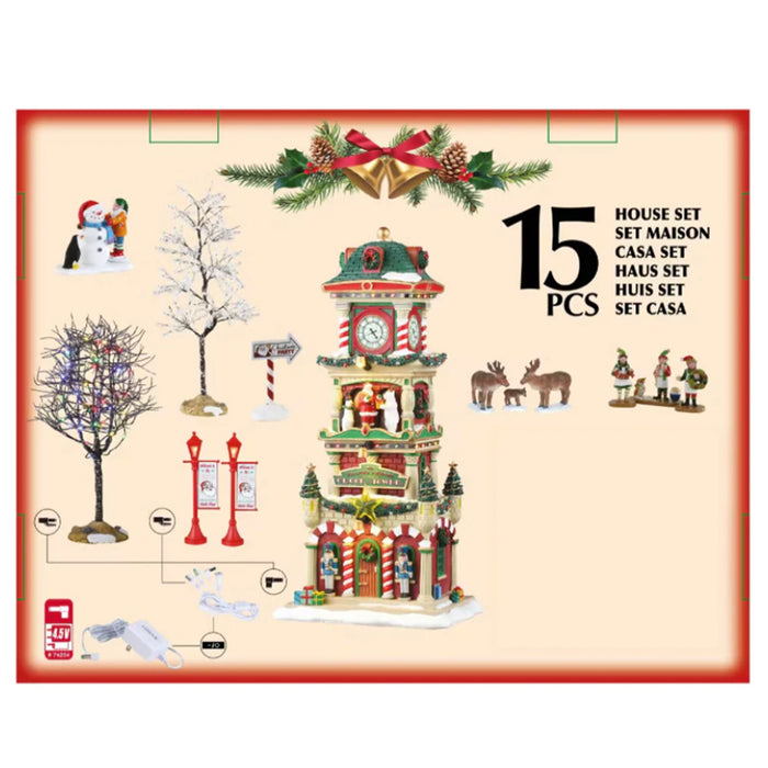 The Village Square Clock Tower Set - Torre con Orologio Villaggio Natalizio 15 pz con Personaggi e Alimentatore