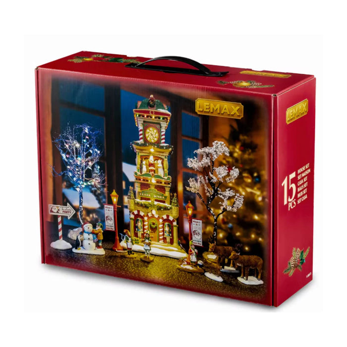 The Village Square Clock Tower Set - Torre con Orologio Villaggio Natalizio 15 pz con Personaggi e Alimentatore