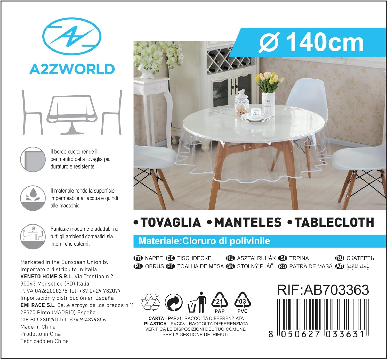 Tovaglia PVC Impermeabile Trasparente Rotonda Diametro 140cm