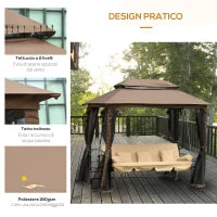 Dondolo 3 Posti da Giardino Convertibile in Lettino con Gazebo, con Zanzariera e Cuscini, 257x175x240cm Cachi