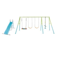 44151 - Altalena Verde E Blu Cm 467X244X201, 5 Componenti (Scivolo, Dondolo Ottagonale, 2 Altalene, Dondolo Con Poggia Piedi)