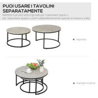 Set 2 Tavolini da Caffè Sovrapponibili Rotondi in Metallo e MDF Effetto Marmo, Grigio e Nero