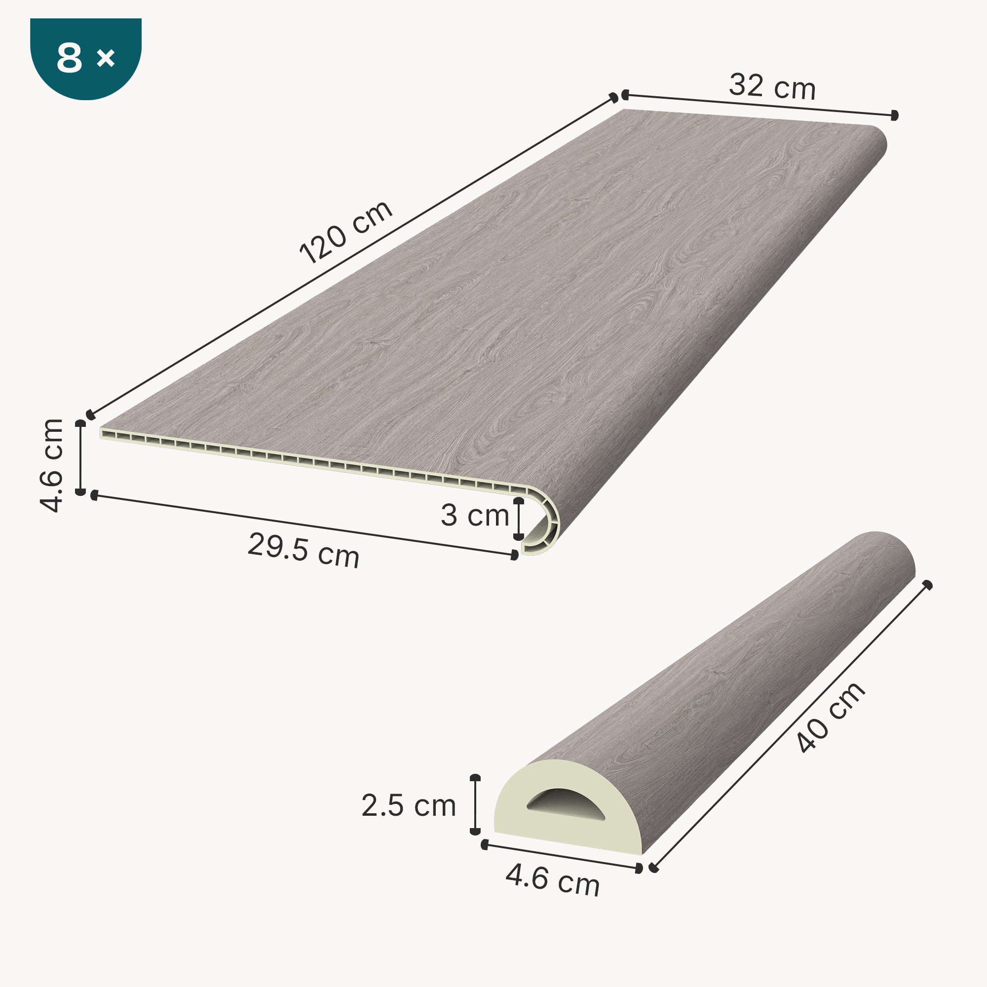 Set di 8 Profili Bunschoten Coprigradini Arrotondati in PVC 120 x 32 x 4,6 cm Ash Grey NEU.HOLZ