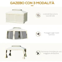 Gazebo da Giardino 4x3m con Zanzariera, Tende e Doppio Tetto in Alluminio e Poliestere, Crema