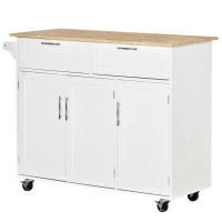 Carrello da Cucina Multiuso in Legno con 2 Cassetti, 3 Antine e 4 Ruote 121x46x91cm - Bianco
