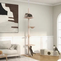 Albero Tiragraffi Multilivello a Soffitto con Amaca e Altezza Regolabile, 40x34x230-260cm, Beige