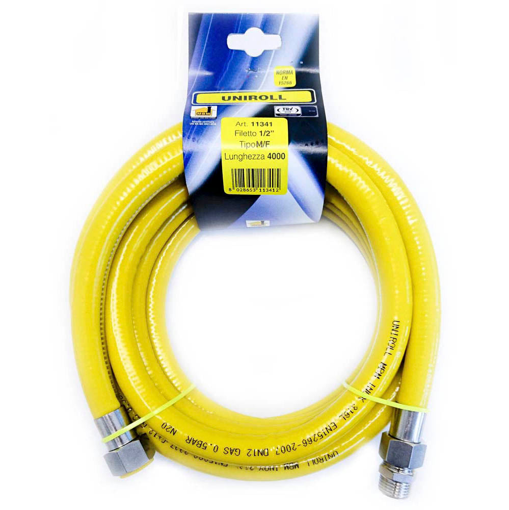 Tubo gas cucina 4 mt metri flessibile 1/2" MF inox a norma EN 15266  per piano cottura/cucina  UNIROLL