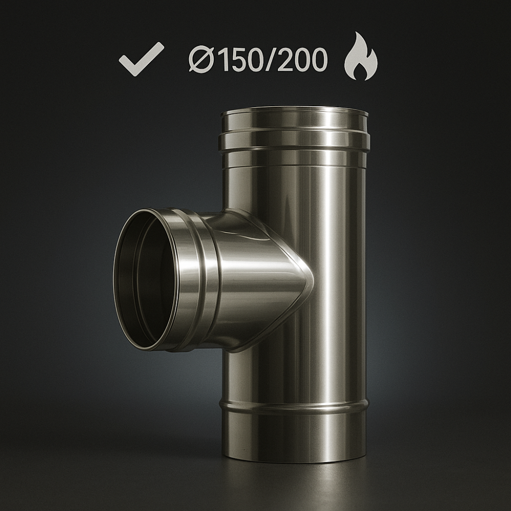 Raccordo t 90° doppia parete sp. 0,5 mm collegamento canale fumo canna fumaria *** misura Ø 150/200 mm, confezione 1