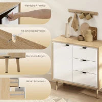 Credenza Moderna con 3 Cassetti e Armadietto, Ripiano Interno Regolabile e Ante Lucide, Bianco e Rovere