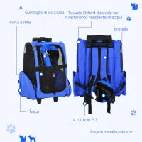 Trasportino Zaino 2 in 1 per Cani e Gatti con Tasche Laterali, Maniglia Telescopica e Ruote, 42x25x55cm, Azzurro