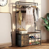 Appendiabiti con Panca Scarpiera Doppia, 10 Ganci Regolabili, e 2 Cassetti, 100x40x180 cm, Marrone Rustico