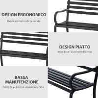 Panchina da Esterno in Metallo Impermeabile Nero, Panca da Giardino a due Posti, 127 x 62 x 82cm - Max 240kg