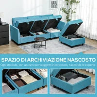 Divano Componibile Modulare 3 Posti con Pouf Poggiapiedi e Cuscini, Rivestimento in Flanella, Blu