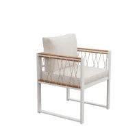 Set da pranzo da esterno a 7 pezzi con tavolo in vetro temperato, intreccio in rattan, cuscini, per 6 persone, Nero e Bianco