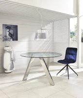 E-STYLO Tavolo fisso con top in vetro temperato e gambe in metallo grigio cromato, 120cm X 120cm H. 75cm.