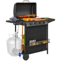 Barbecue a Gas con 4+1 Bruciatori Indipendenti e Coperchio con Termometro, 121x54x97 cm, Nero