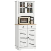 Armadio da Cucina con Porte in Vetro, 2 Cassetti, Armadio per Stoviglie, Armadio da Sala da Pranzo, Legno, 68 x 39,5 x 170 cm, Bianco