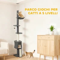 Albero per Gatti a Soffitto Alto 220-240 cm con Amaca, Casetta, Piattaforme a Fiore e Pali in Sisal, Grigio
