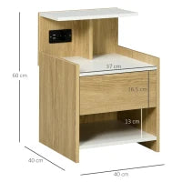Comodino moderno con 2 Prese, 2 porte USB e Cassetto in truciolato, 40x40x60cm, Color Legno