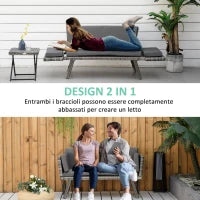 Divano da Giardino 2 Posti in Rattan con Imbottitura e Braccioli Ribaltabili, 129x63x67cm, Grigio