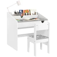 Set Sedia e Tavolino per Bambini 3-6 Anni con Organizzatore e Cassetto Estraibile, in Legno Grigio
