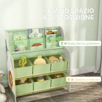 Scaffale Portagiochi con 6 Cassetti in Tessuto e Libreria a 2 Livelli, in Legno e Acciaio, 63x30x71 cm, Verde