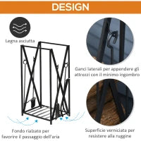 Portalegna da Interno ed Esterno in Acciaio con 4 Attrezzi Inclusi, Capacità 100kg 46x30x76cm Nero
