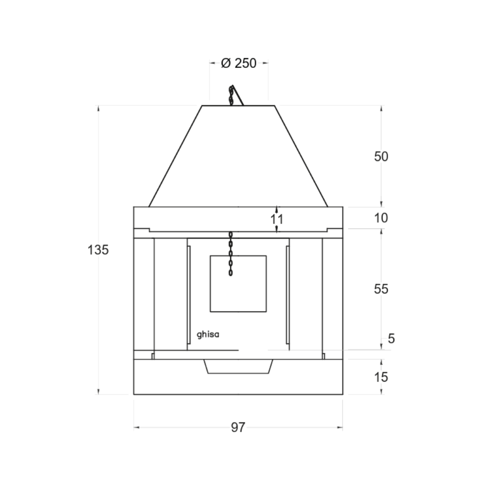 Camino a legna prefabbricato in ghisa con focolare aperto su due lati m100tghj2l