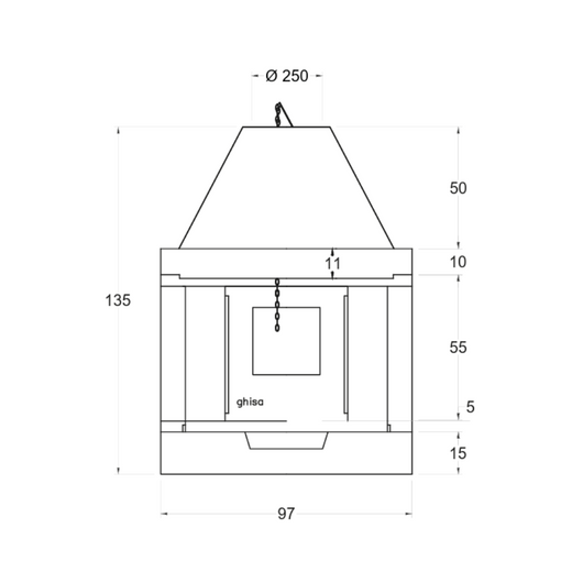 Camino a legna prefabbricato in ghisa con focolare aperto su due lati m100tghj2l