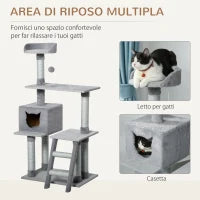 Tiragraffi Palestra per Gatti Multilivello con Casetta Scala Piattaforme, Pali in Corda di Juta, Grigio, 60.5x40x124cm