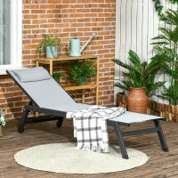 Lettino prendisole in alluminio e textilene con ruote e cuscino per la testa, schienale reclinabile, grigio chiaro