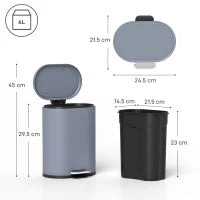 Bidone della spazzatura da 6L a pedale, in metallo, con secchiello interno e coperchio a chiusura morbida, 24,5x21,5x29,5cm, Grigio