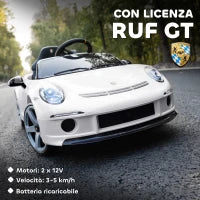 Macchina per Bambini 3-5 Anni con Licenza Ufficiale RUF GT, Telecomando, Cintura di Sicurezza e Musica, Bianco