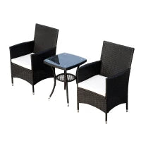 Set Mobili da Giardino in Rattan, Tavolo con 2 Poltroncine con Cuscini, Nero