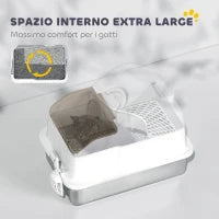 Lettiera per Gatti Chiusa con 2 Tappetini, in Acciaio Inox, ABS e PP, 60.5x40.5x42 cm, Bianca e Argento