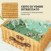 Cestino da Picnic in Vimini per 2 Persone con Piatti, Calici, Cavatappi e Posate, 40x30x20 cm, Marrone