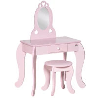 Tavolo Trucco per Bambini con Sgabello in Legno, Toeletta con Specchio e Cassetto, 60x36x88cm, Rosa