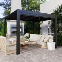 Pergola bioclimatica esterna in alluminio 3 x 3 m con tende, sistema di drenaggio nascosto, grigio