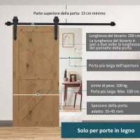 Kit per Porta Scorrevole in Stile Rustico con Binario 200cm e Rotelle, Nero