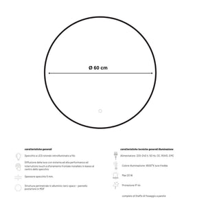 Specchio 5 mm tondo cornice nera retroilluminato led interruttore touch *** misura Ã˜60, tonalità standard 6000-6500...