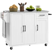 Isola per Cucina con Cassetto, Armadietto e 2 Ripiani Aperti, in MDF e Acciaio Inox, 128x45.5x91.5 cm