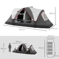 Tenda da Campeggio 6 Posti con 2 Stanze Separate, Poliestere e Fibra di Vetro, 450x215x180 cm, Grigio