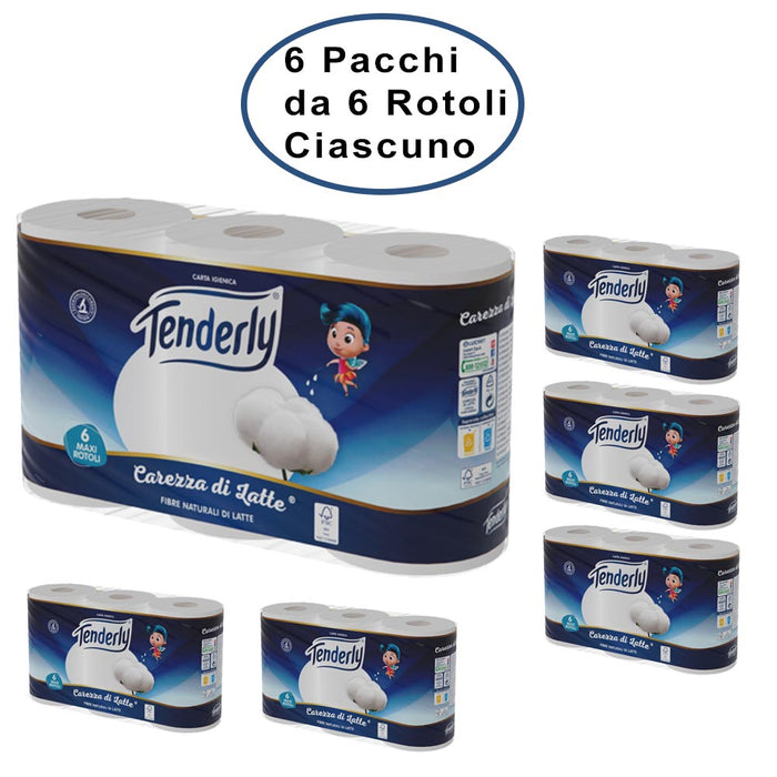 Tenderly carta igienica 2 veli carezza di latte 6 confezioni da 6 rotoli ciascuno