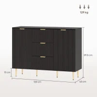 Credenza da cucina con 3 cassetti, mensole regolabili, ante scanalate, 120 x 40 x 90 cm, Nero